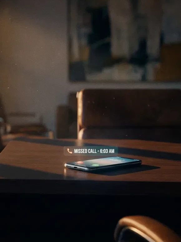 A phone on a desk showing a missed call at 6:03 am