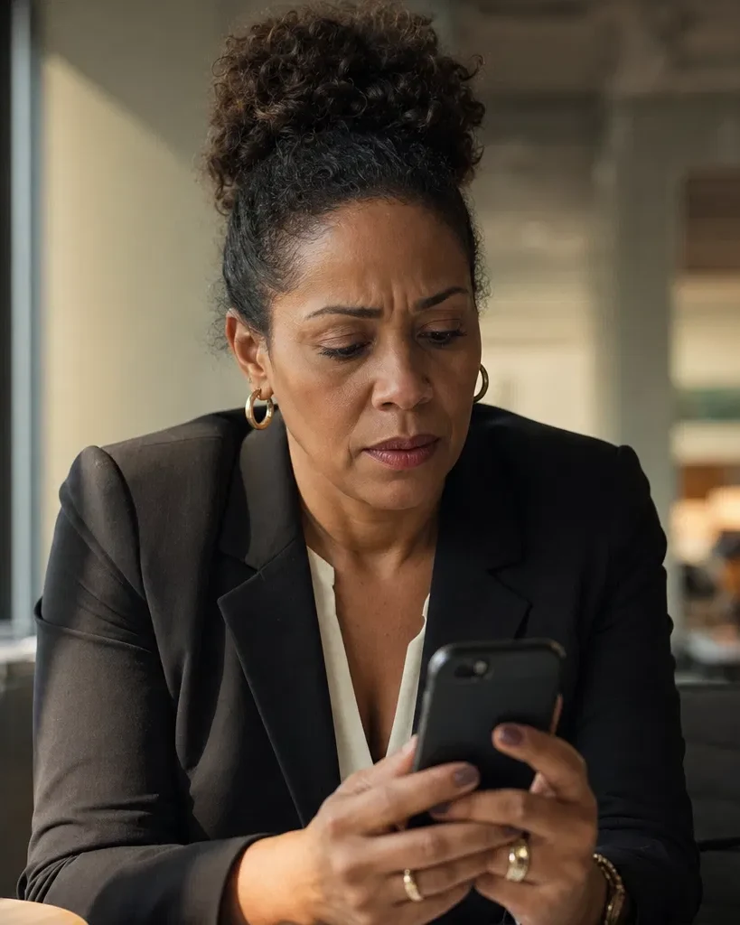 A manager reading an unexpected message at her desk